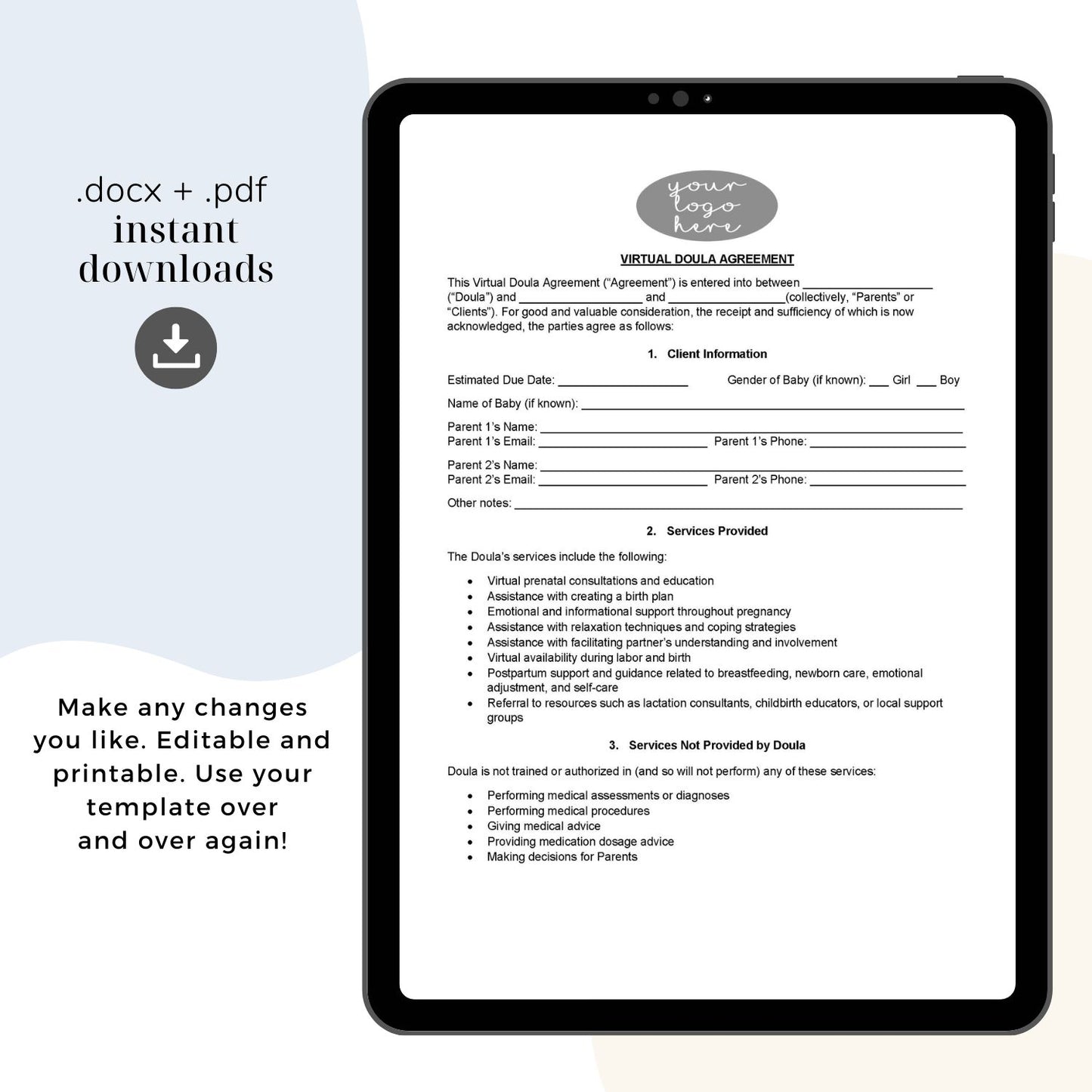 Virtual Doula Contract Template, Attorney-Written Editable Instant Download