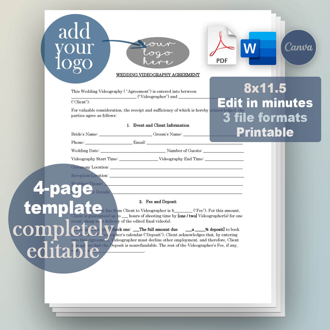 Wedding Videography Contract Template, Attorney-Written Editable Instant Download