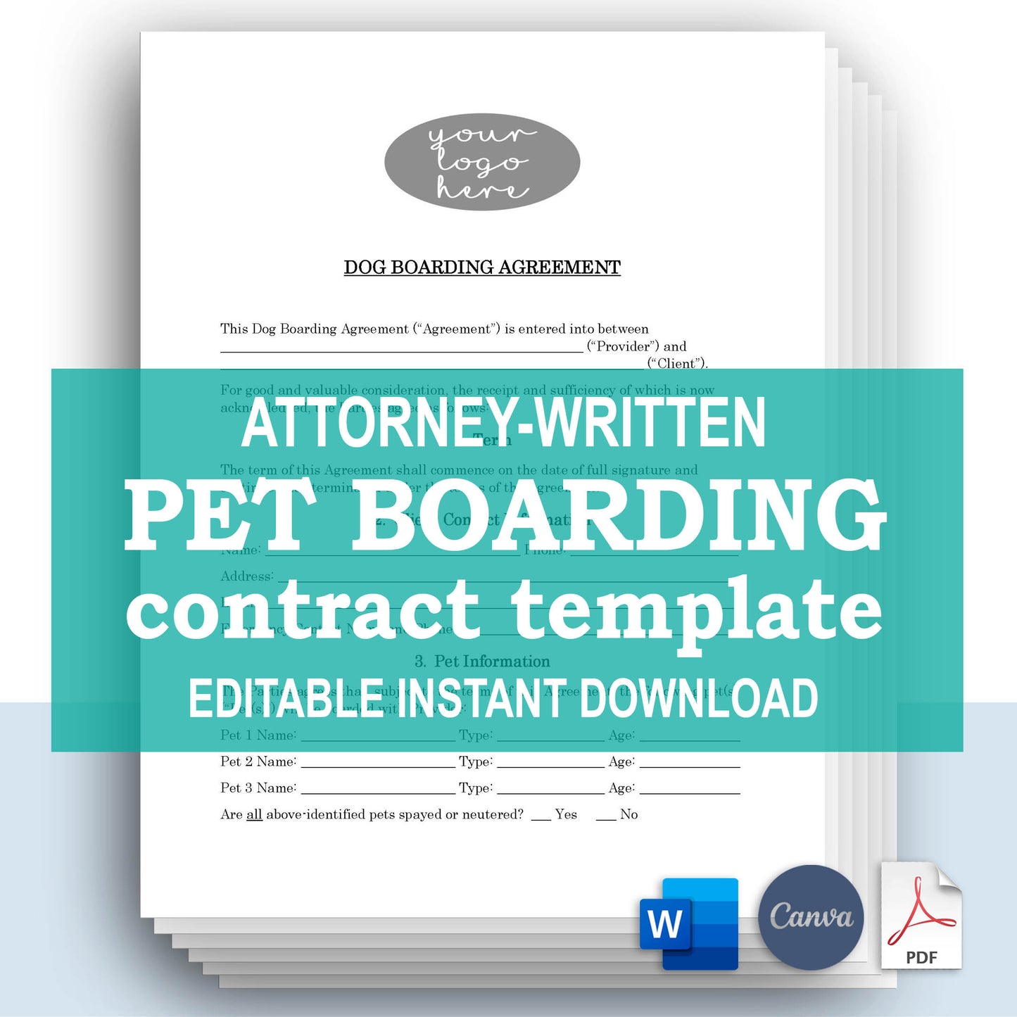 Dog Boarding Contract Template, Attorney-Written & Editable Instant Download