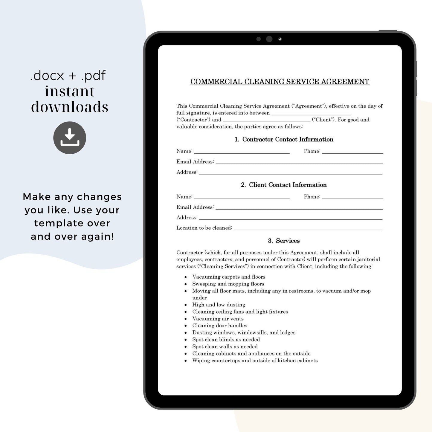 Commercial Cleaning Services Contract Template, Attorney-Written & Editable Instant Download