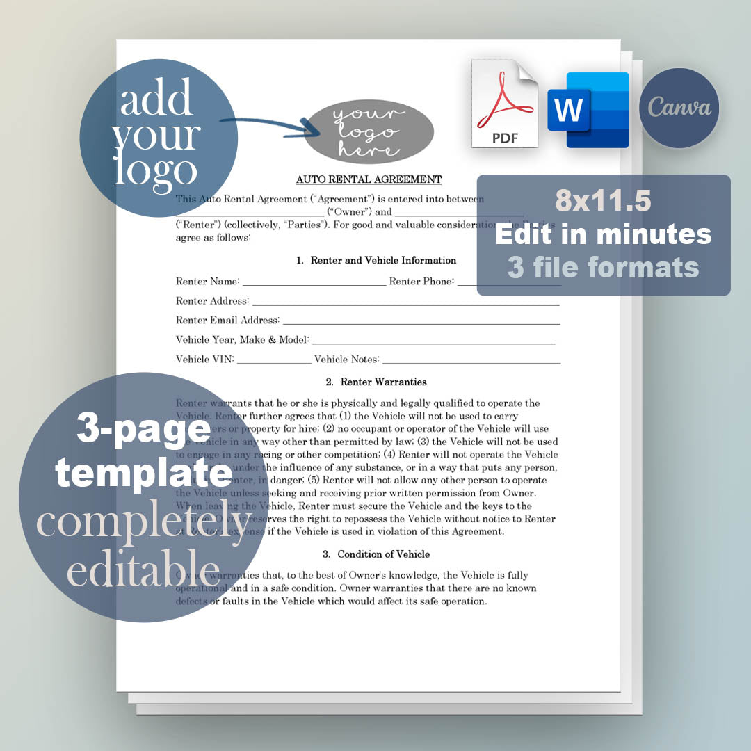 Car Rental Contract Template, Attorney-Written & Editable Instant Download