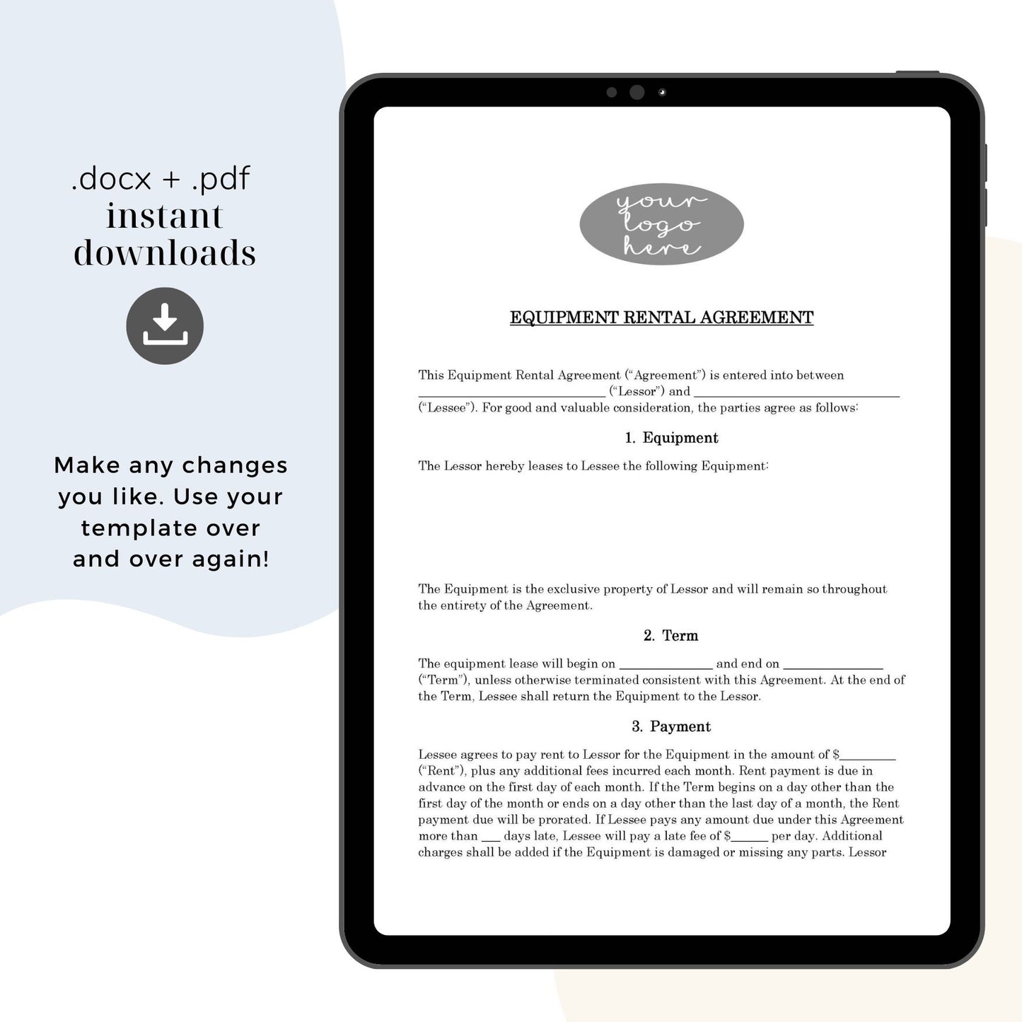 Equipment Rental Contract Template, Attorney-Written & Editable Instant Download