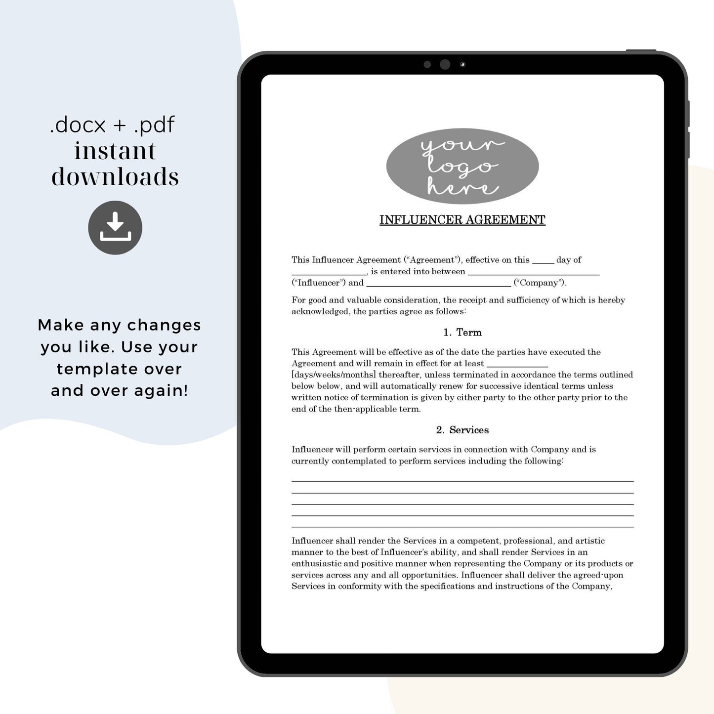 Influencer Contract Template, Attorney-Written & Editable Instant Download