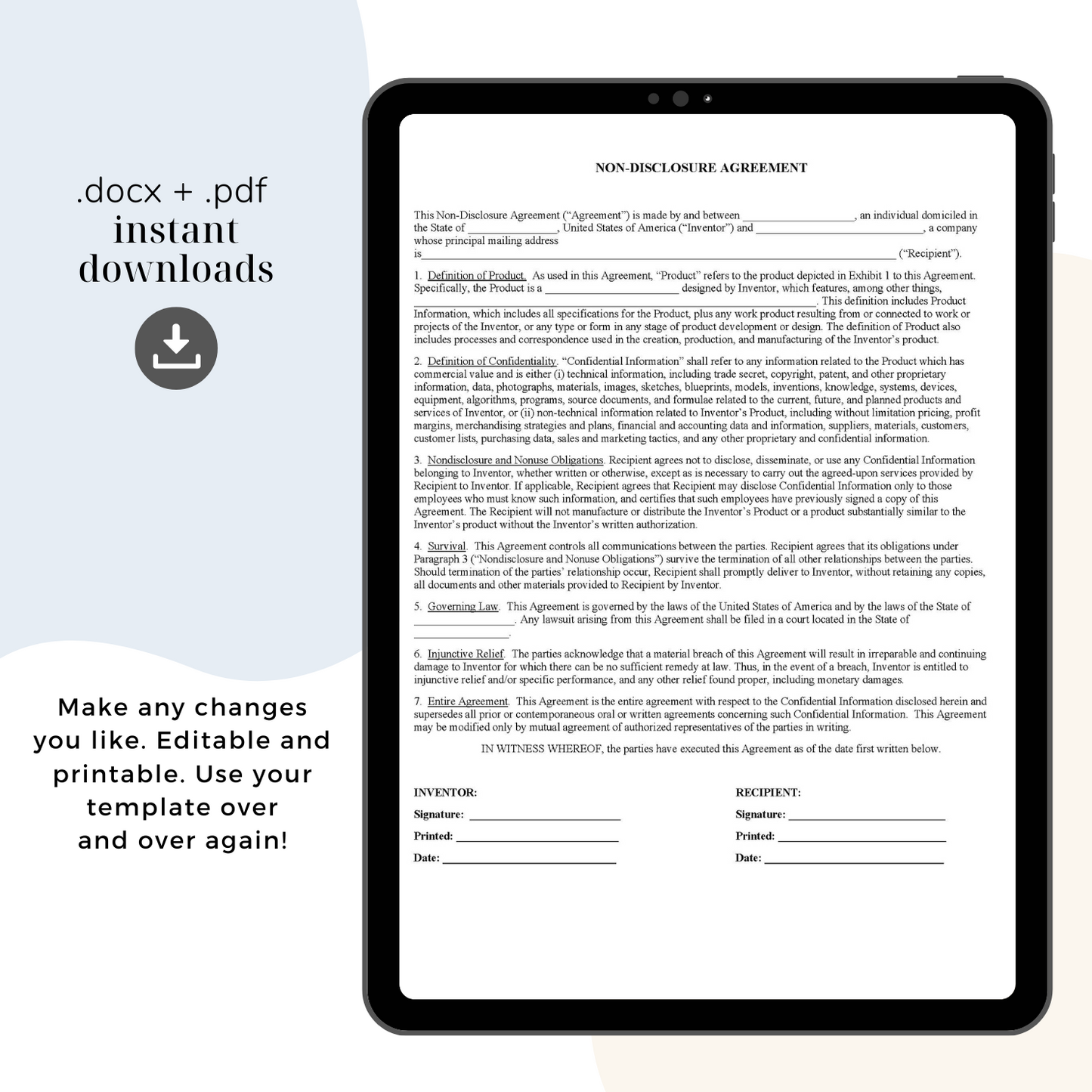 Product Invention Non-Disclosure Agreement Template, Attorney-Written & Editable