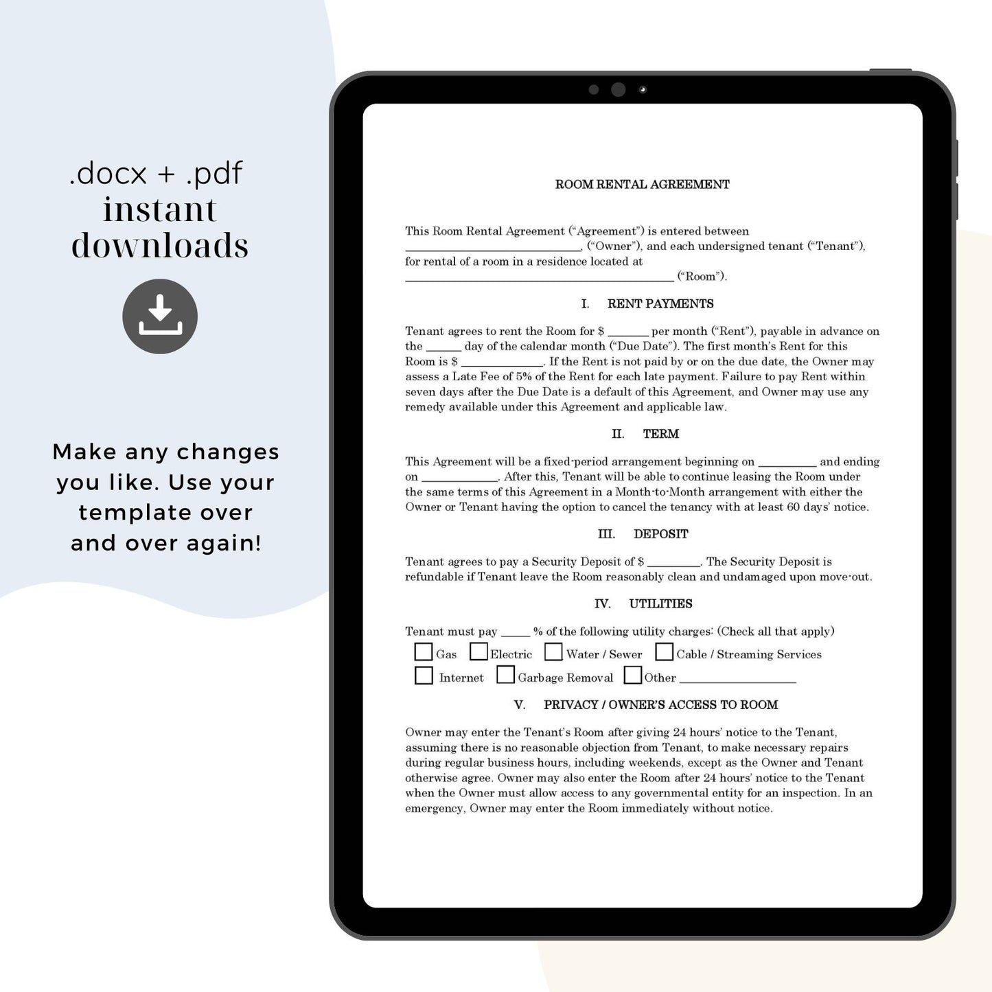 Room Rental Agreement Template, Attorney-Written & Editable Instant Download