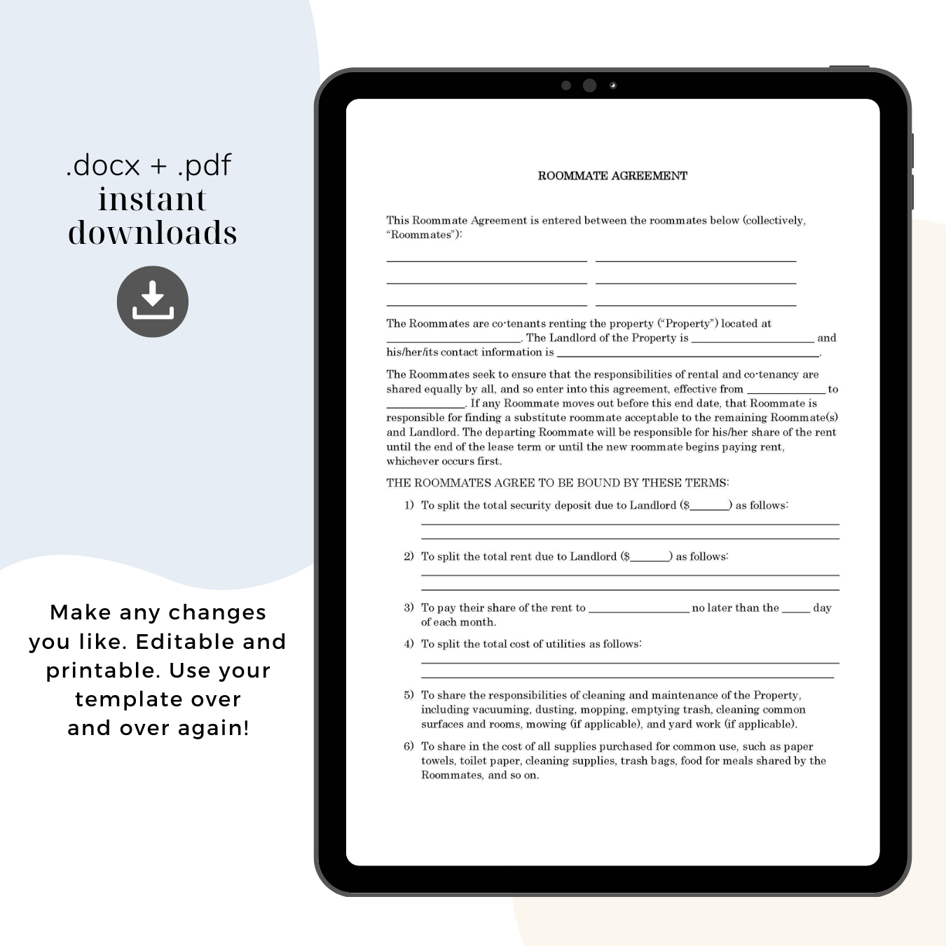 Roommate Agreement Template, Attorney-Written, Editable Instant Download