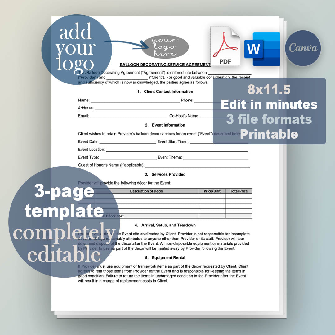 Balloon Decorating Contract, Attorney-Written Editable Instant Download