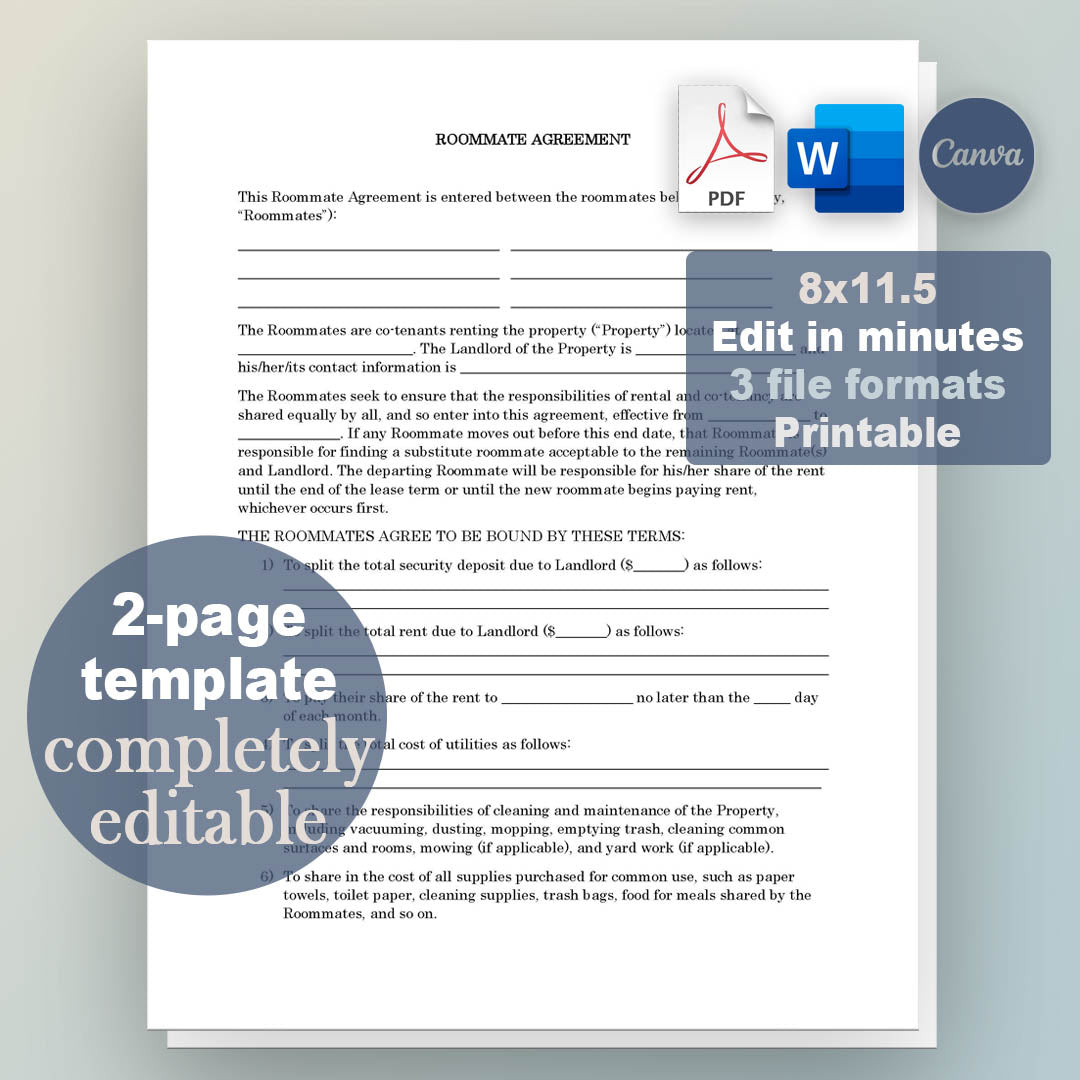 Roommate Agreement Template, Attorney-Written, Editable Instant Download