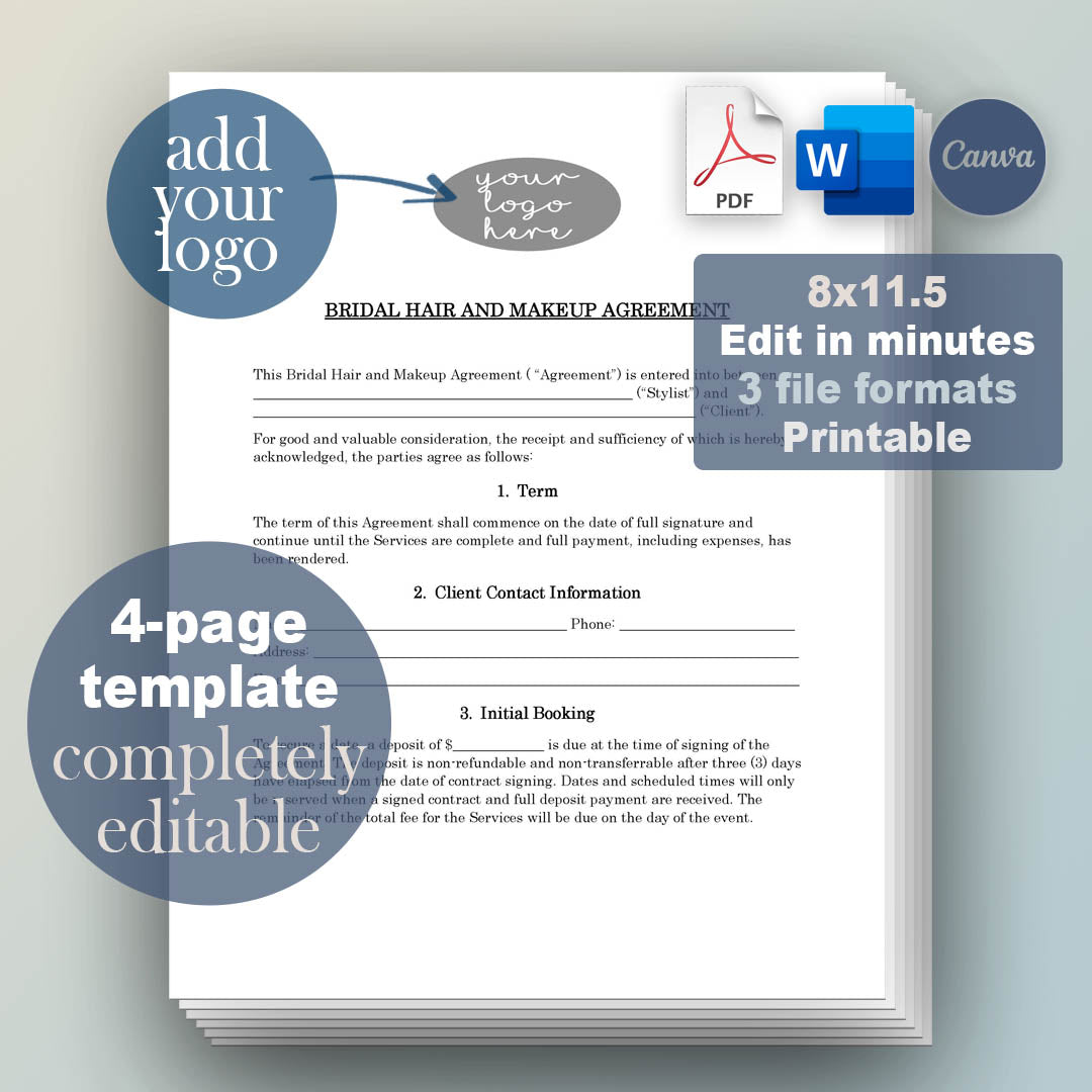 Bridal Hair and Makeup Contract Template, Attorney-Written & Editable Instant Download
