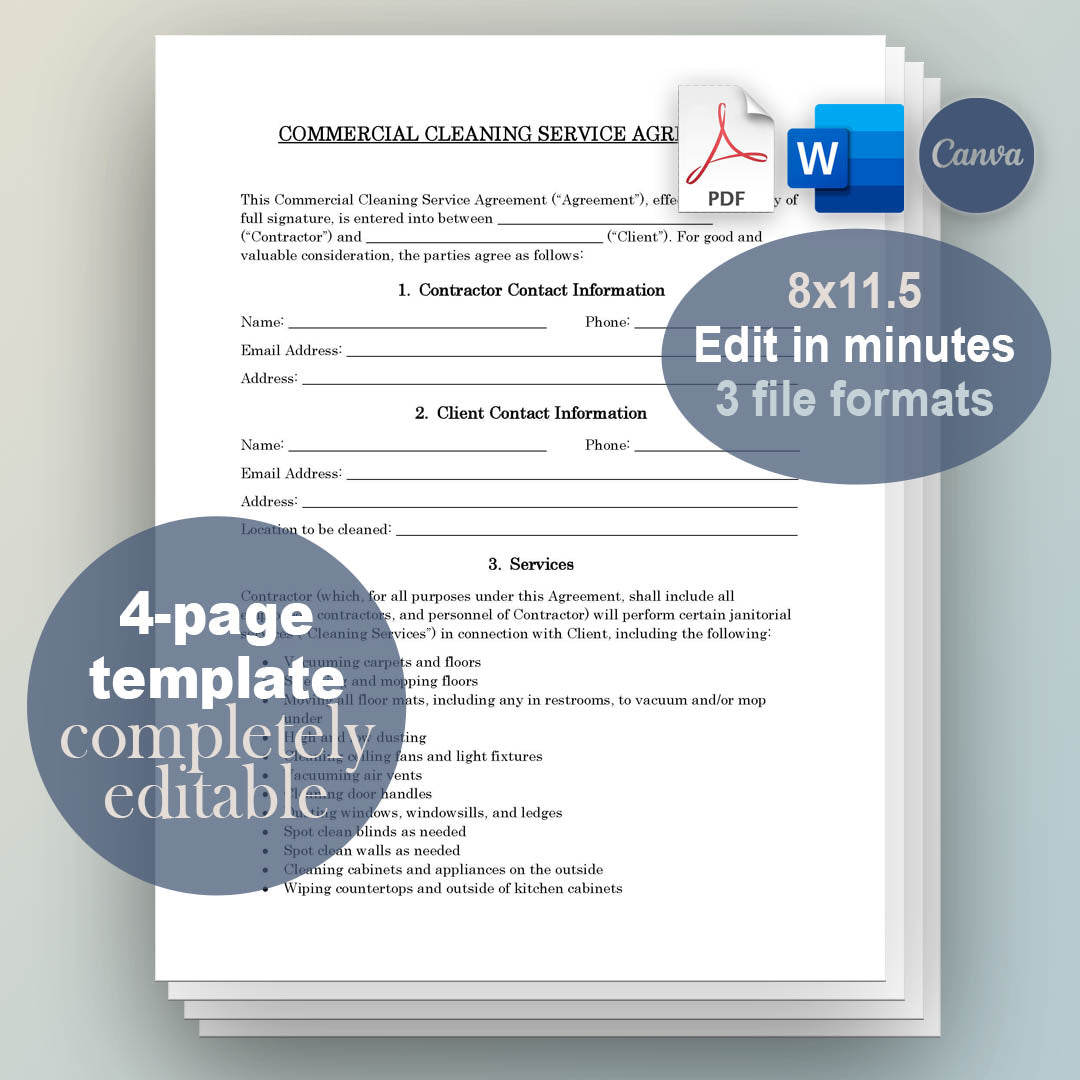 Commercial Cleaning Services Contract Template, Attorney-Written & Editable Instant Download