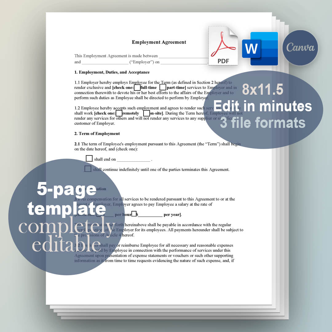 Employment Contract Template, Attorney-Written & Editable Instant Download