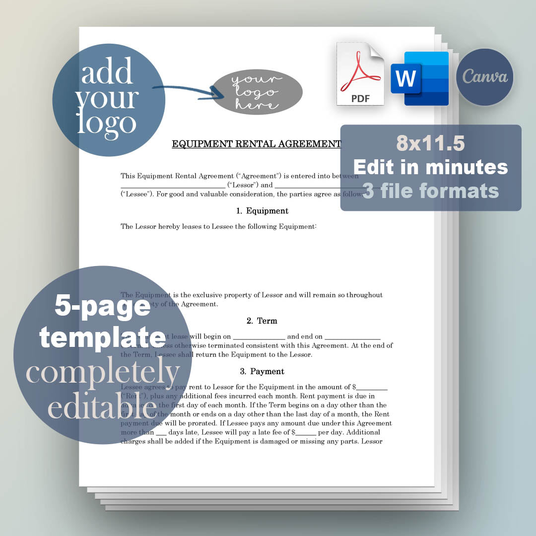 Equipment Rental Contract Template, Attorney-Written & Editable Instant Download