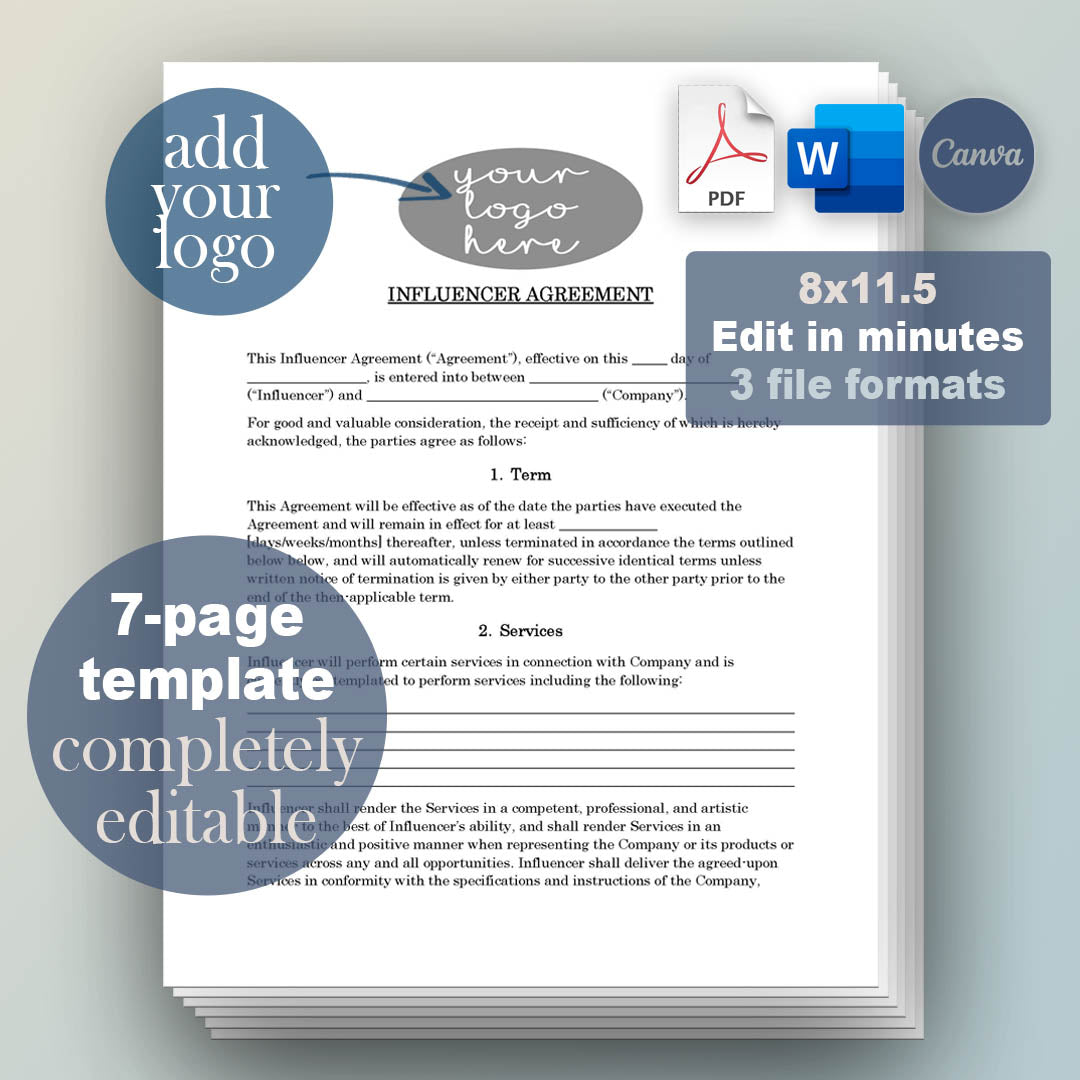 Influencer Contract Template, Attorney-Written & Editable Instant Download