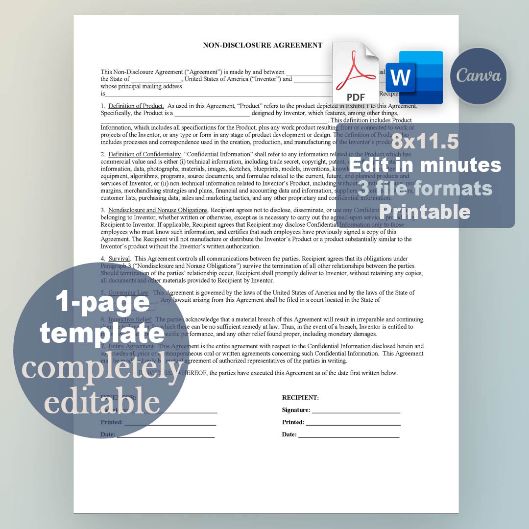Product Invention Non-Disclosure Agreement Template, Attorney-Written & Editable