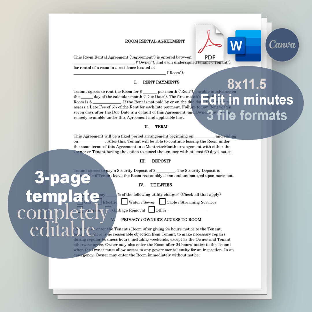 Room Rental Agreement Template, Attorney-Written & Editable Instant Download
