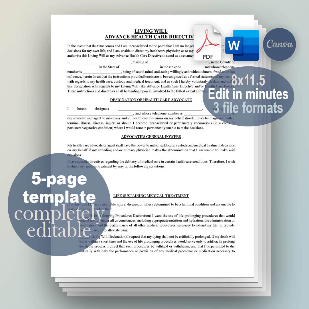 Living Will Advance Directive Template, Attorney-Written & Editable Instant Download