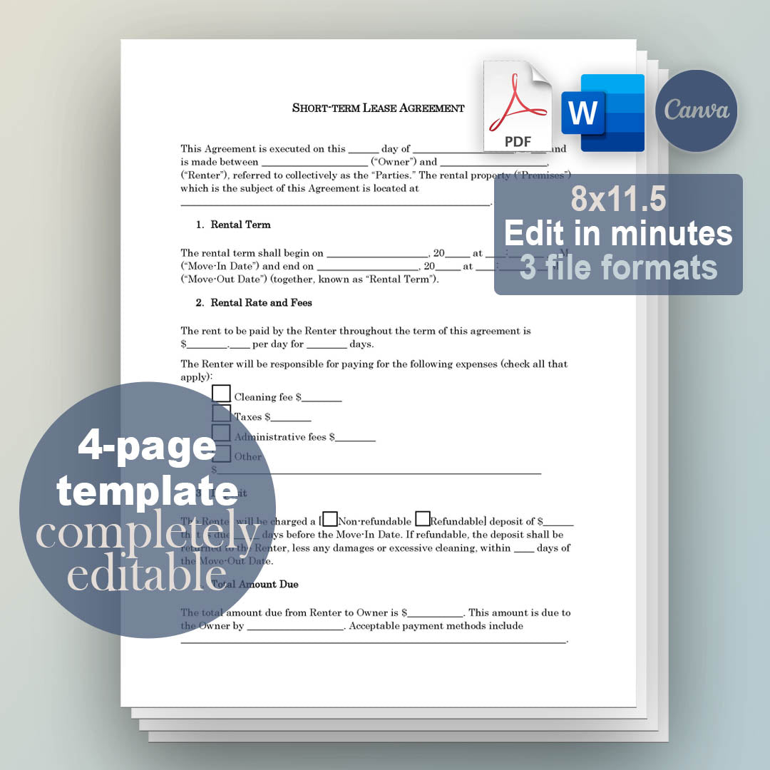 Short Term Rental Agreement Template, Attorney-Written & Editable Instant Download