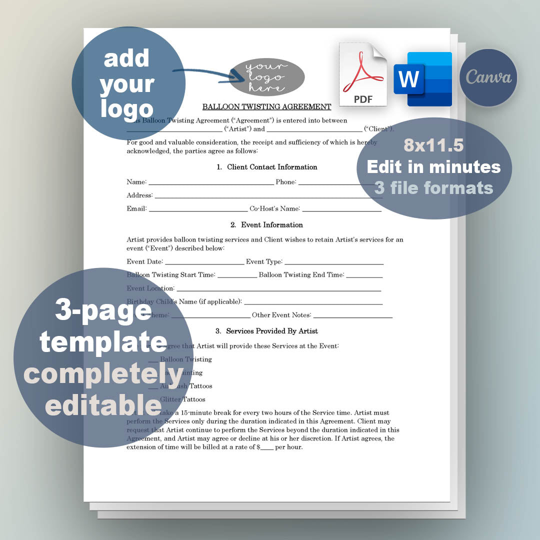 Balloon Twisting / Face Painting Contract Template, Attorney-Written & Editable Instant Download