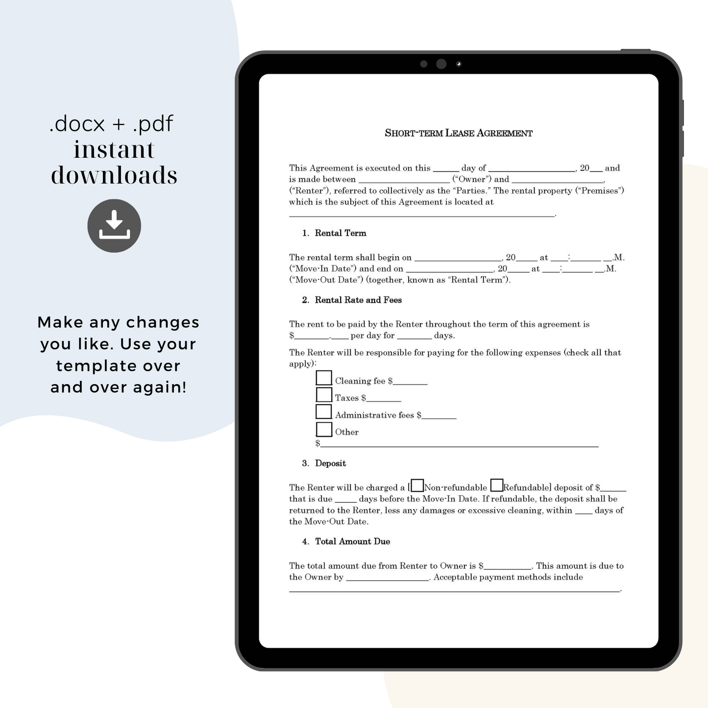Short Term Rental Agreement Template, Attorney-Written & Editable Instant Download