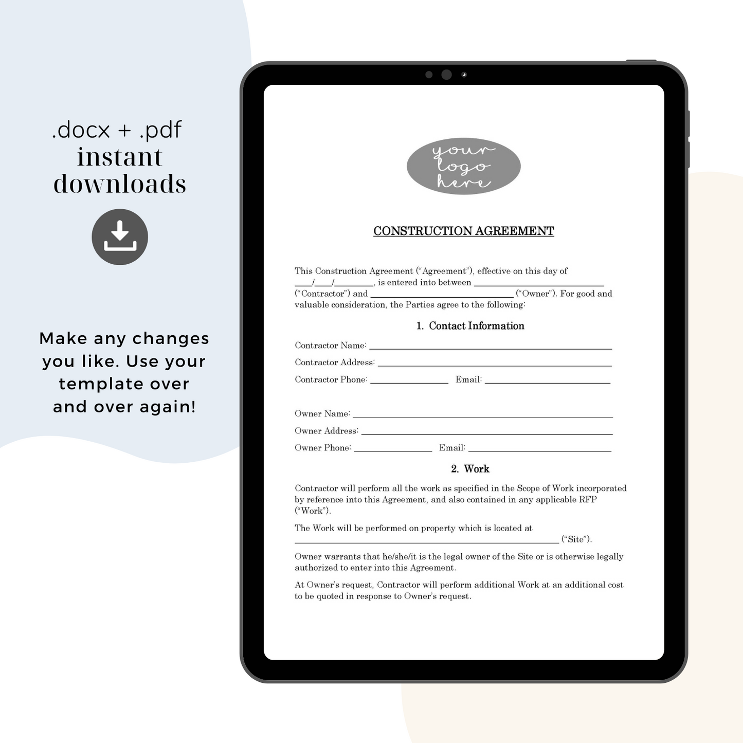 Construction Contract Template, Attorney-Written & Editable Instant Download
