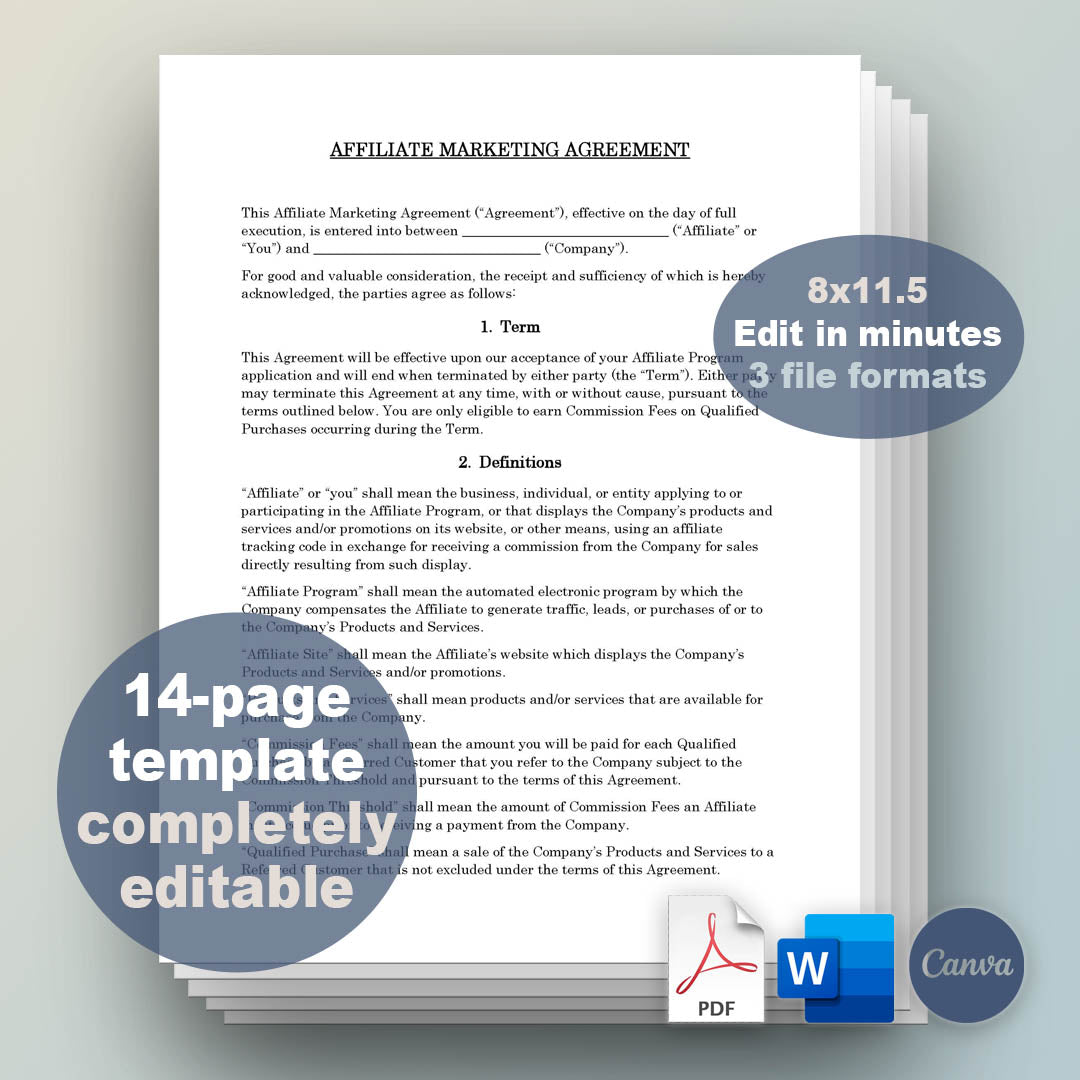 Affiliate Marketing Agreement Template, Attorney-Written & Editable Instant Download