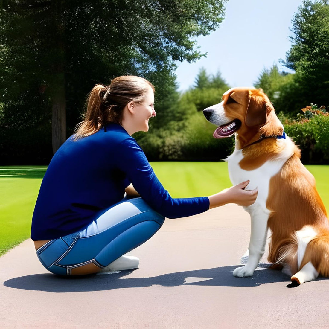Woman petting dog outdoors