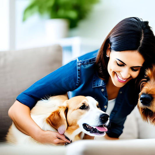 woman hugging two dogs