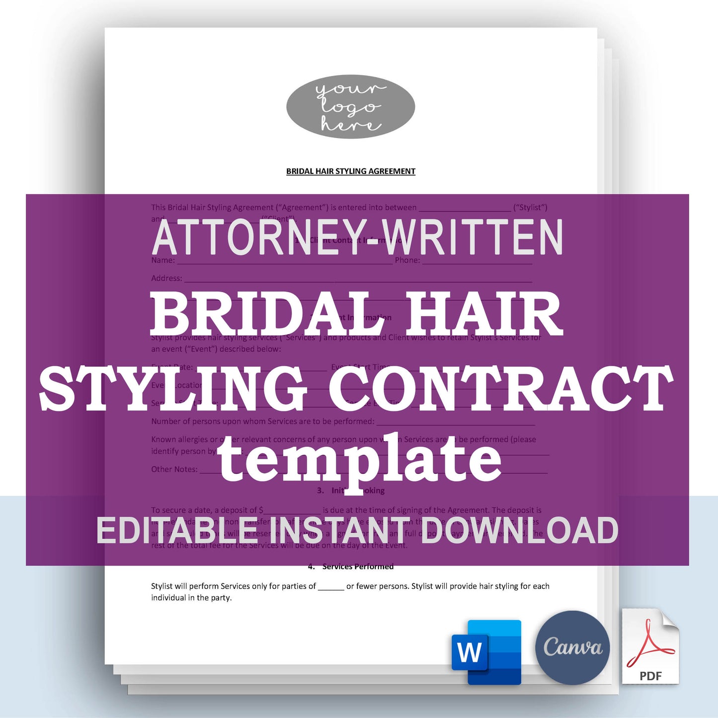 Bridal Hairstyling Contract Template, Attorney-Written Editable Download