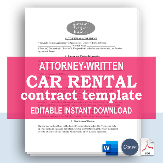 Car Rental Contract Template, Attorney-Written & Editable Instant Download