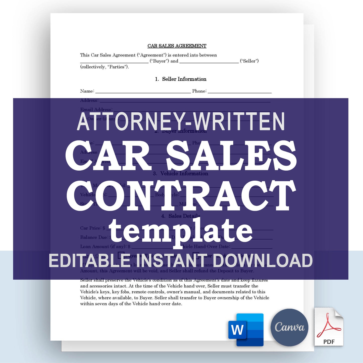 Private Car Sales Contract Template, Attorney-Written Editable Download