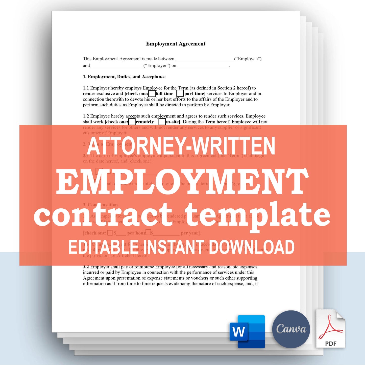Employment Contract Template, Attorney-Written & Editable Instant Download