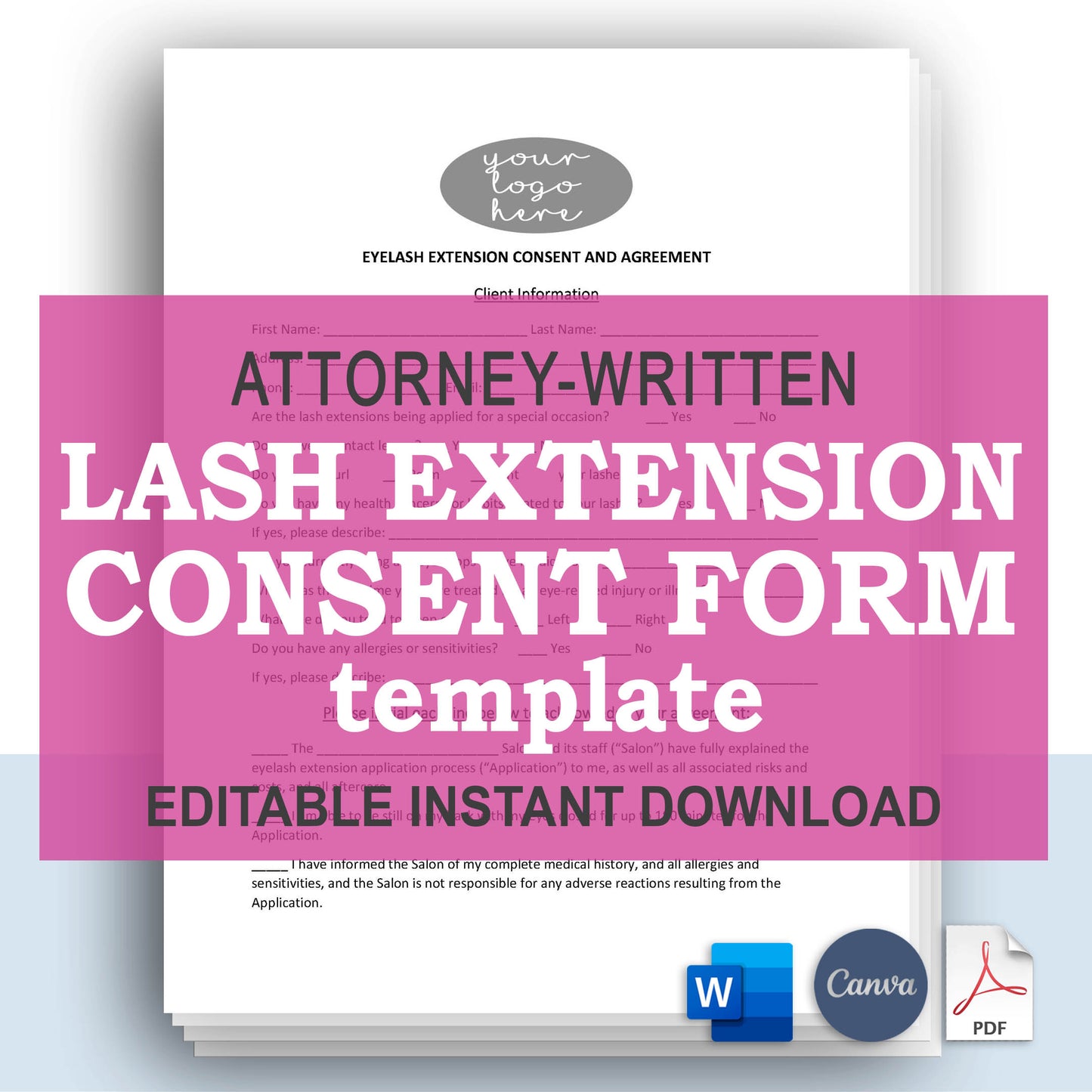 Lash Extension Consent Form Template, Attorney-Written Editable Instant Download