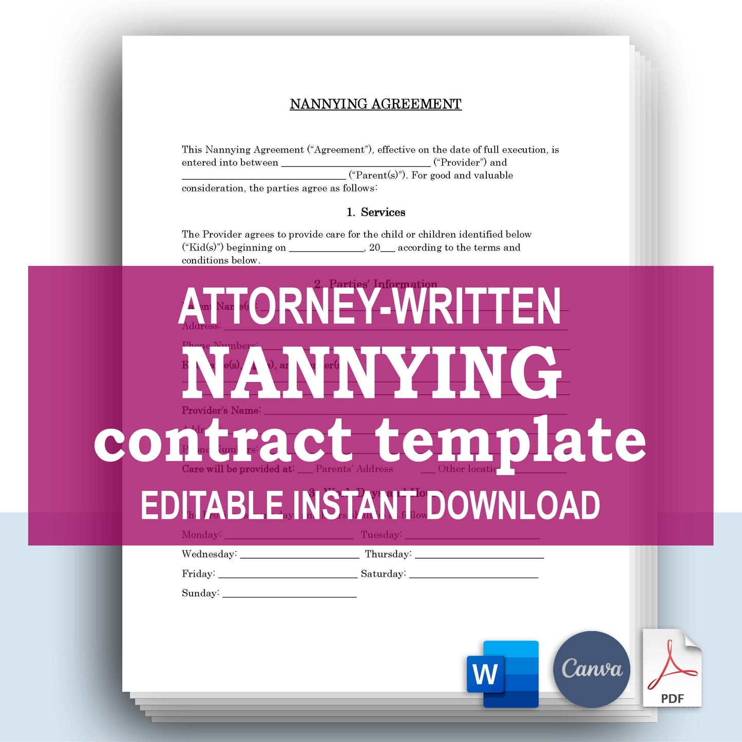 Nanny Contract Template, Attorney-Written & Editable Instant Download