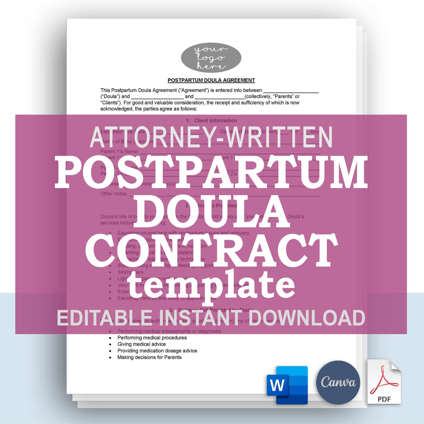 Postpartum Doula Contract Template, Attorney-Written Editable Instant Download