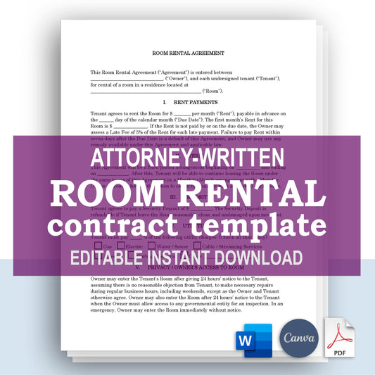 Room Rental Agreement Template, Attorney-Written & Editable Instant Download