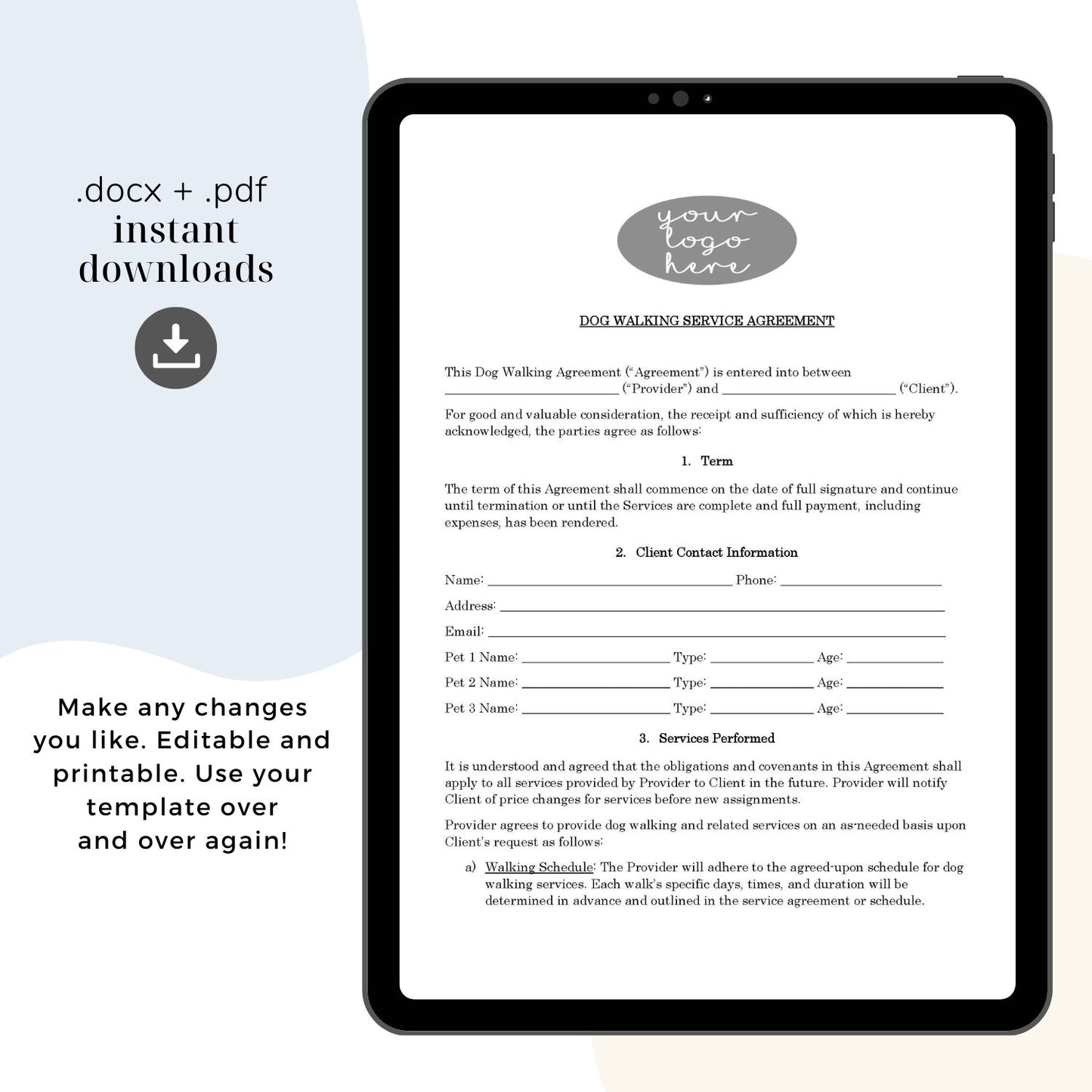 Dog Walking Contract Template, Attorney-Written Editable Instant Download