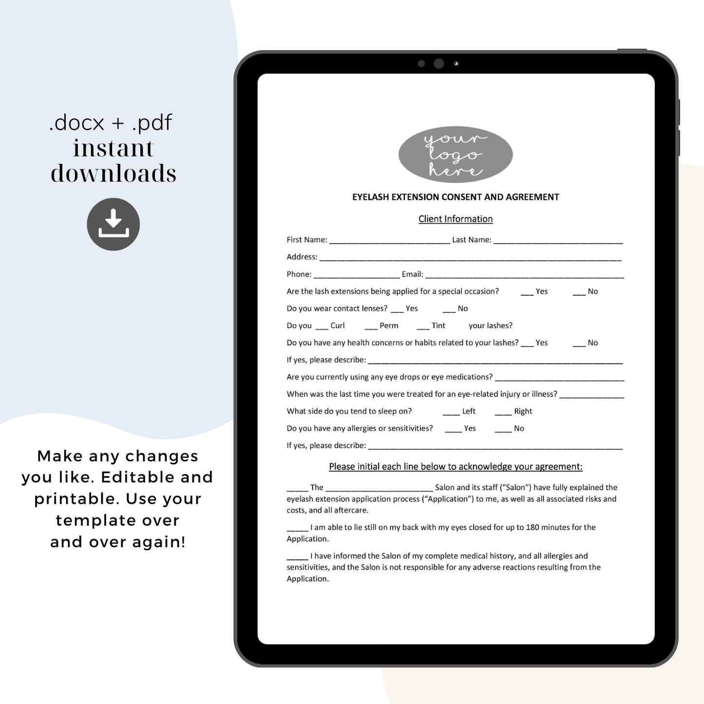 Lash Extension Consent Form Template, Attorney-Written Editable Instant Download