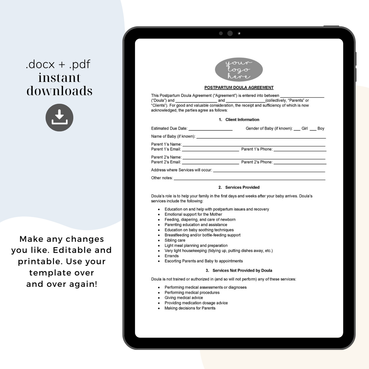 Postpartum Doula Contract Template, Attorney-Written Editable Instant ...