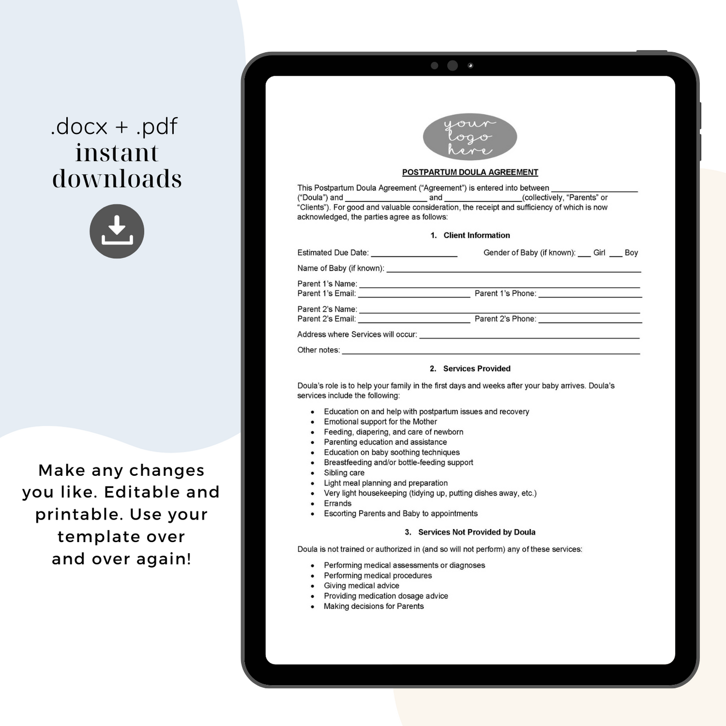 Postpartum Doula Contract Template, Attorney-Written Editable Instant Download