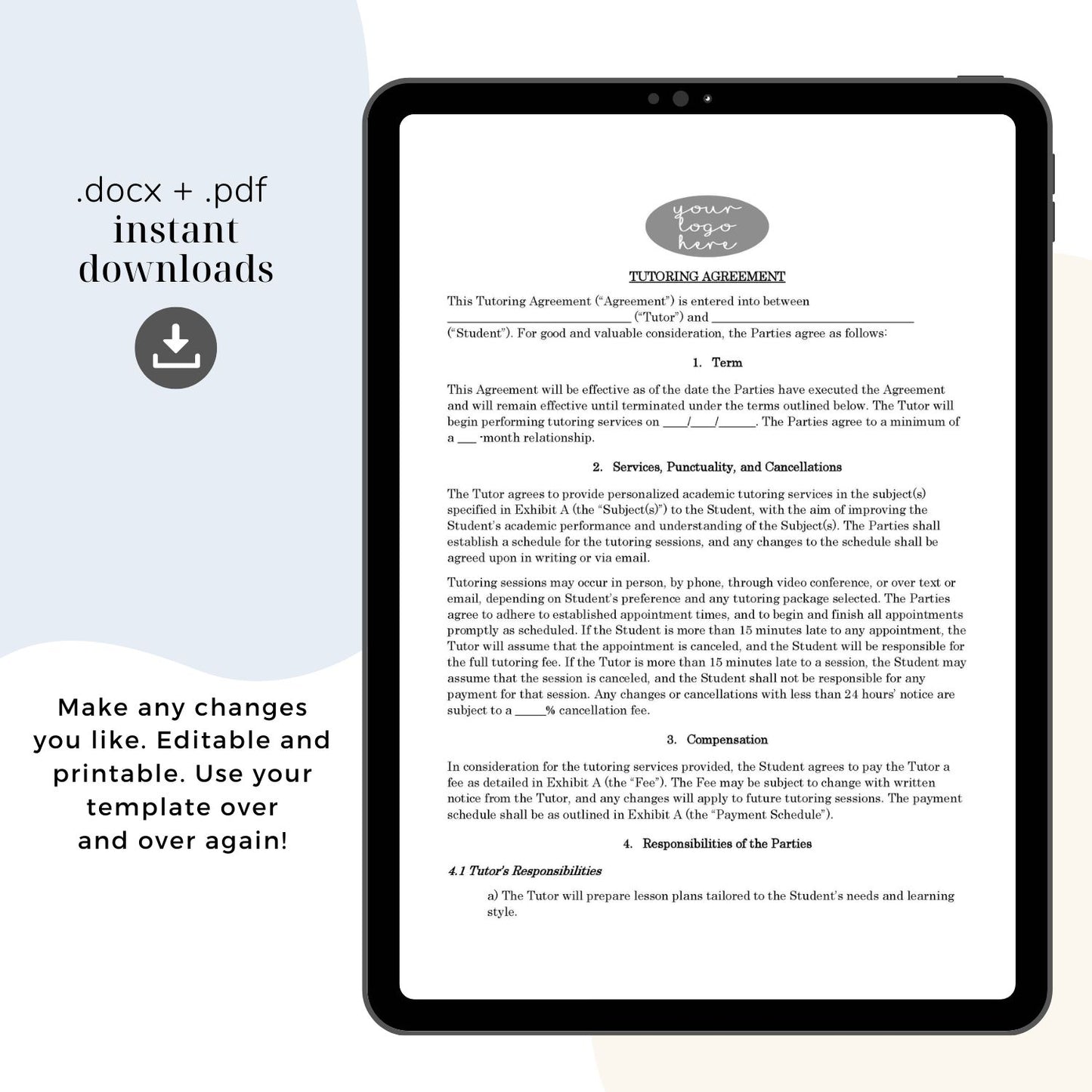 Tutoring Contract Template, Attorney-Written Editable Instant Download