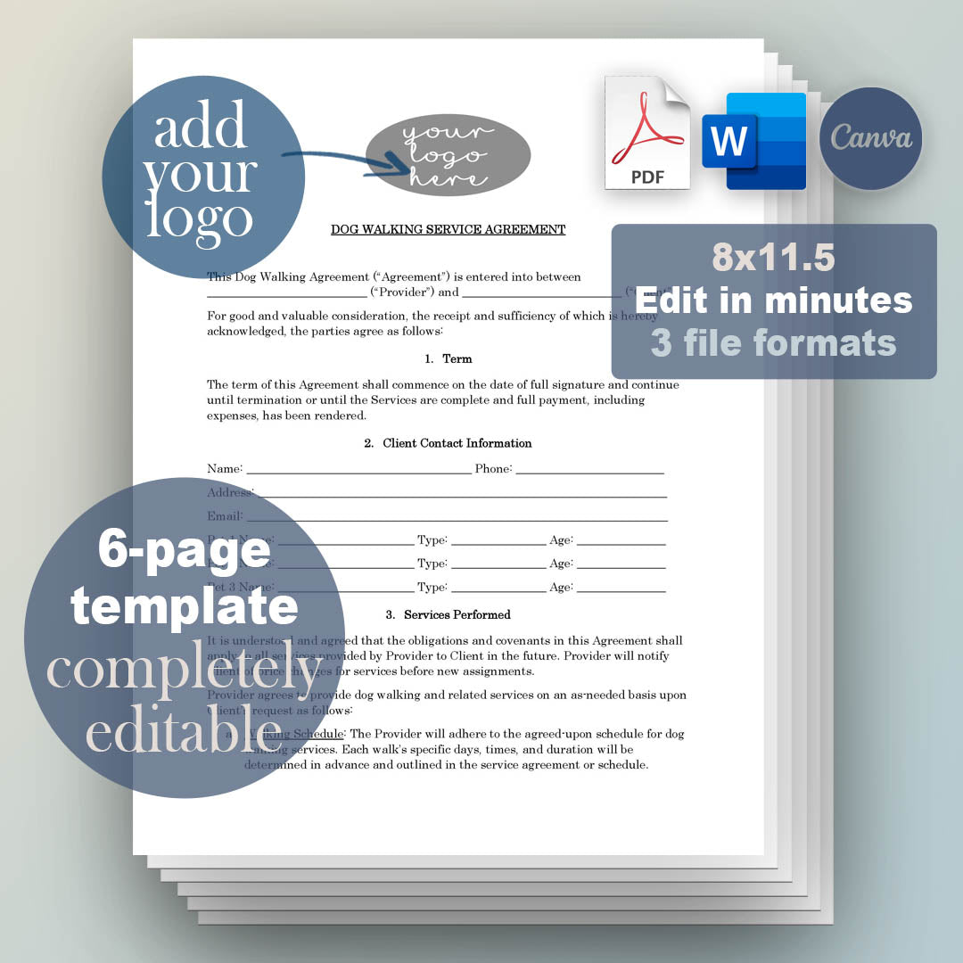 Dog Walking Contract Template, Attorney-Written Editable Instant Download