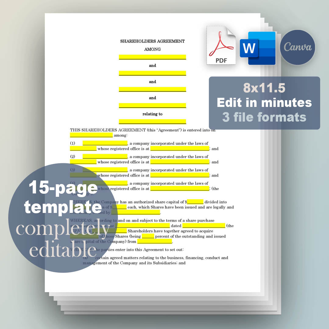 Shareholder Agreement Template, Attorney-Written Editable Instant Download