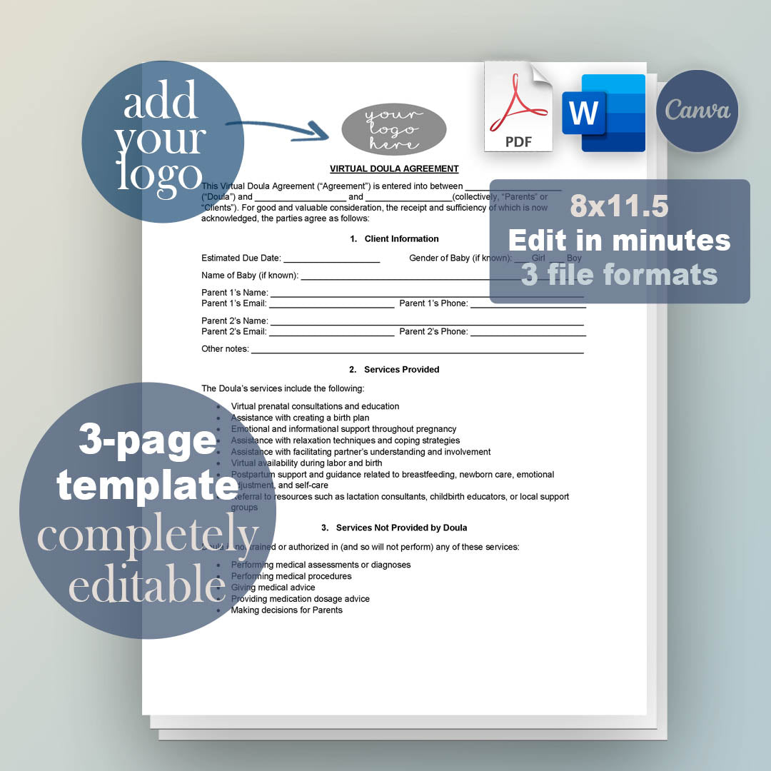 Virtual Doula Contract Template, Attorney-Written Editable Instant Download