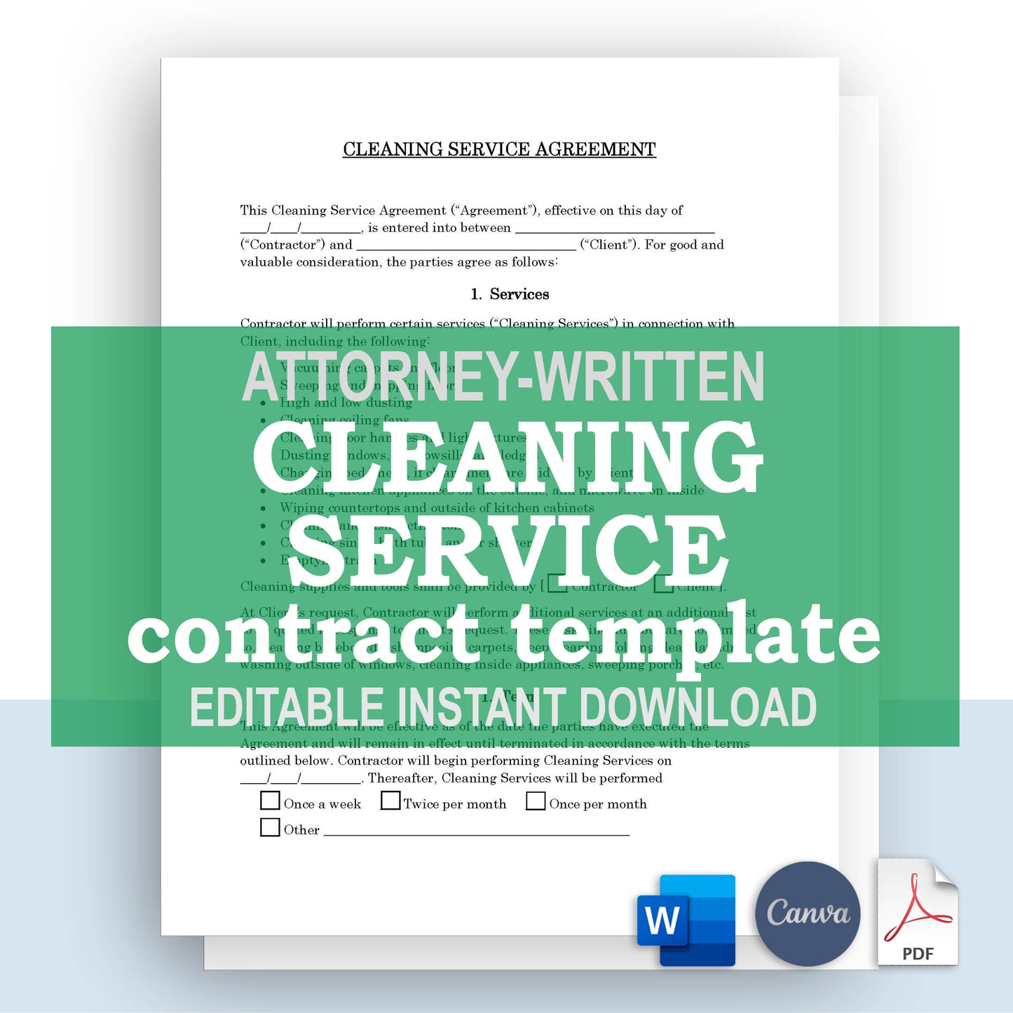 Cleaning Services Contract Template, Attorney-Written & Editable Instant Download