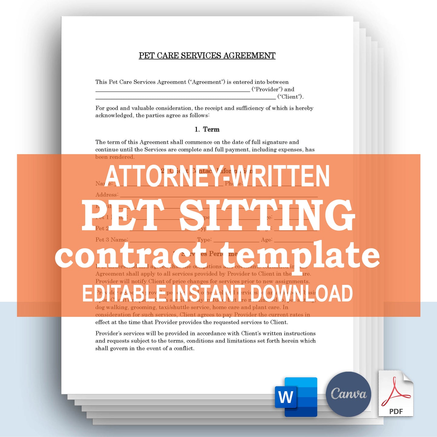 Pet Sitting Contract Template, Attorney-Written & Editable Instant Download