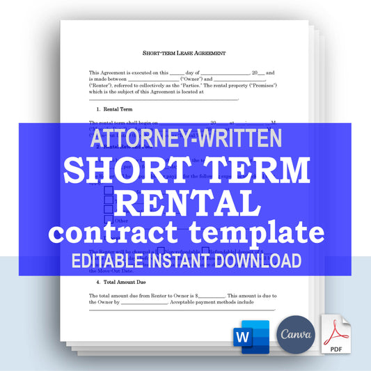 Short Term Rental Agreement Template, Attorney-Written & Editable Instant Download