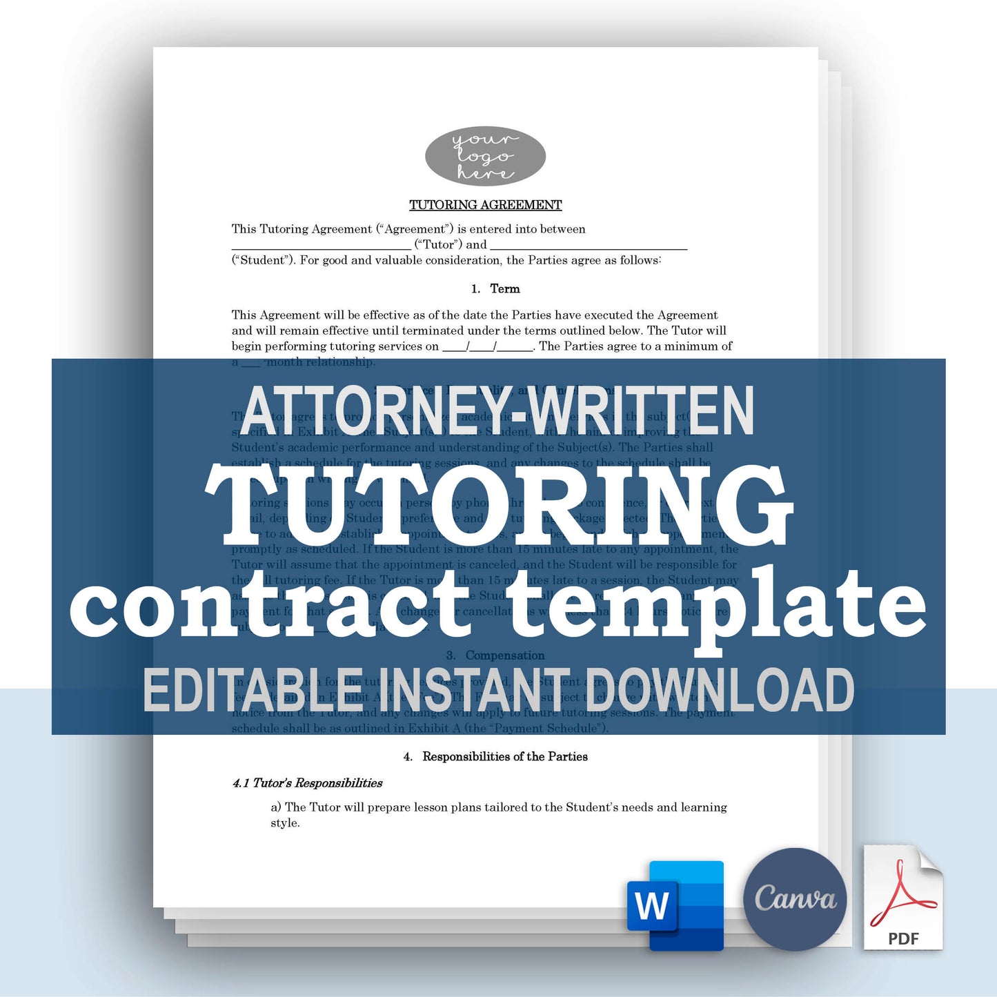 Tutoring Contract Template, Attorney-Written Editable Instant Download