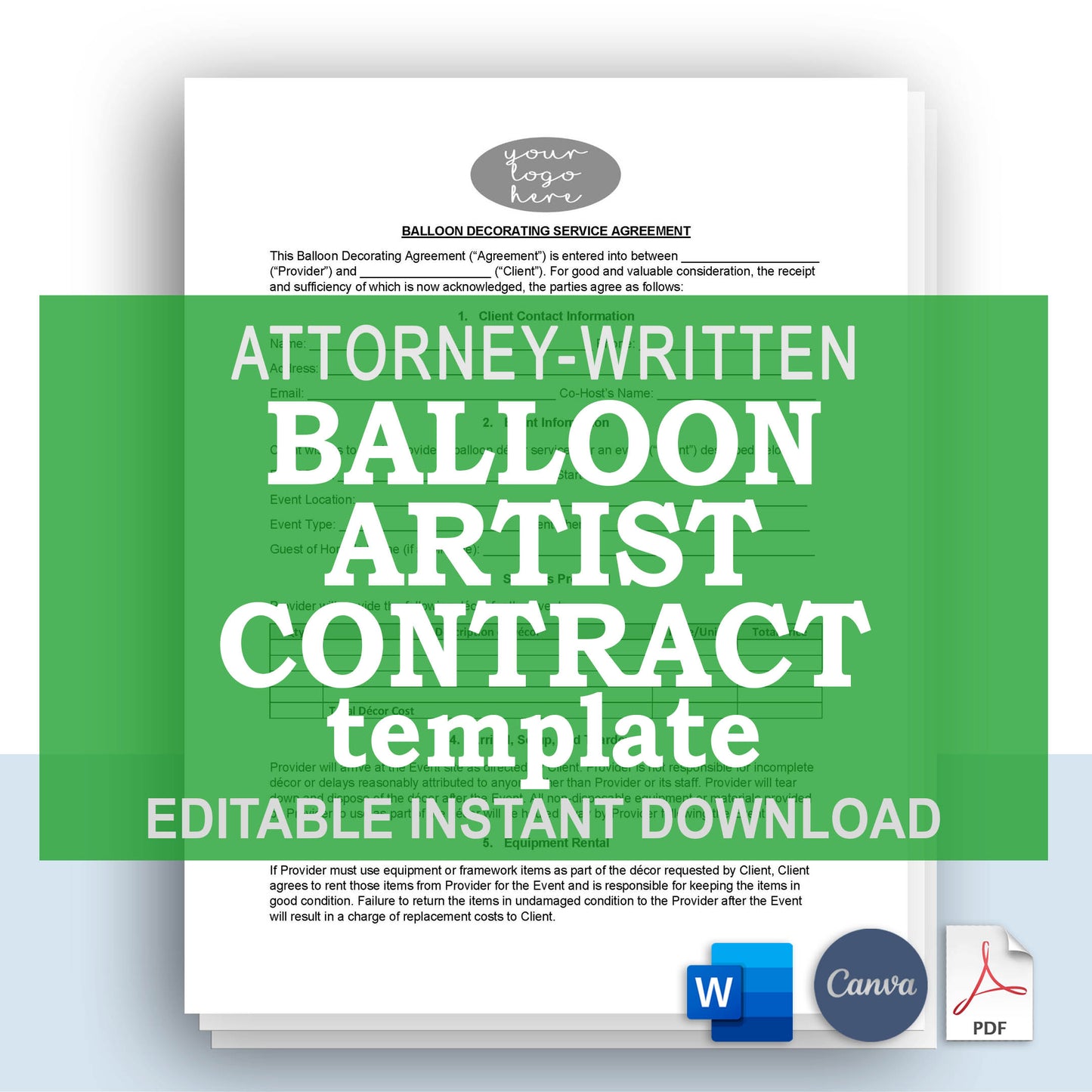 Balloon Decorating Contract, Attorney-Written Editable Instant Download