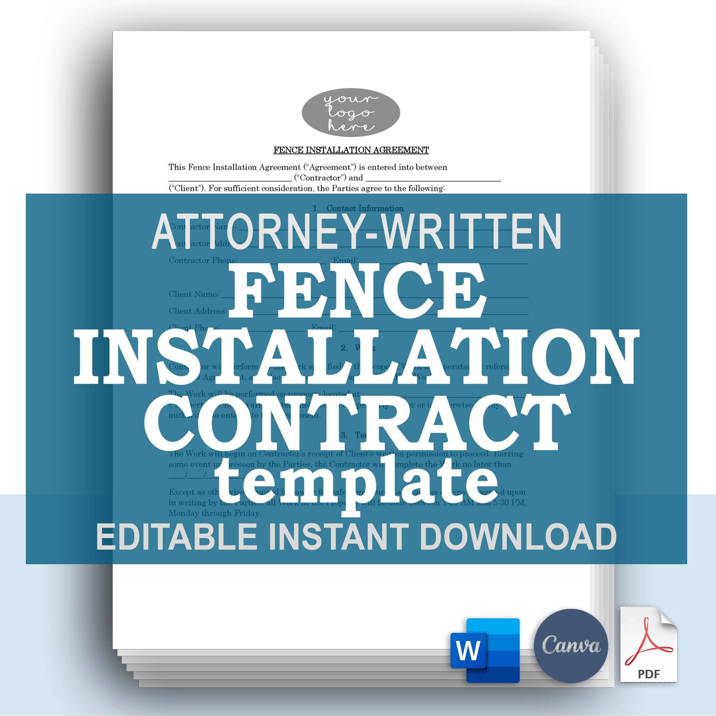 Fence Installation Contract, Attorney-Written Editable Instant Download