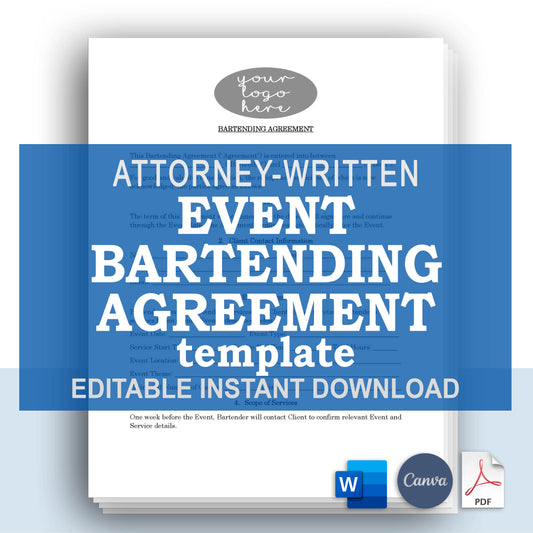 Event Bartending Contract, Attorney-Written Editable Instant Download
